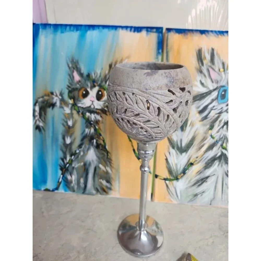 Carved stone goblet style candle stick